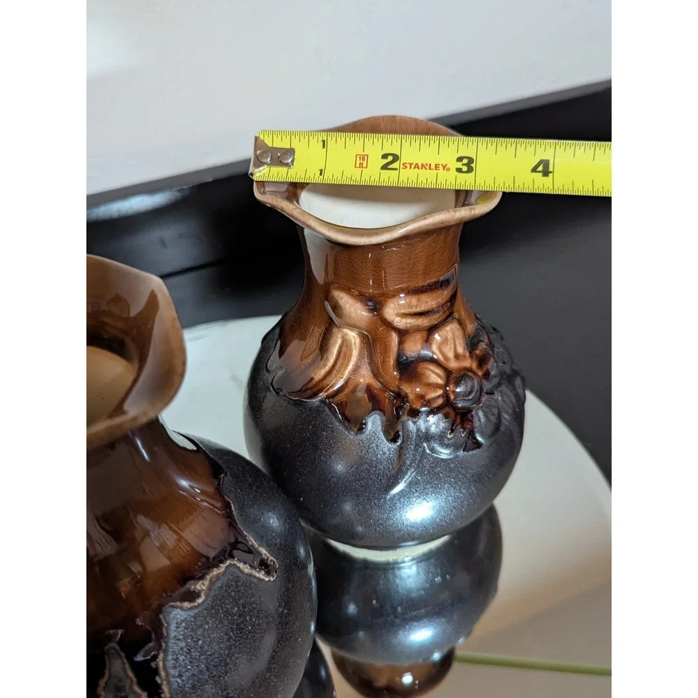Vintage Flowers & Bows Raku Crackle Drip Glazed Scalloped Edge Vases, Set of Two